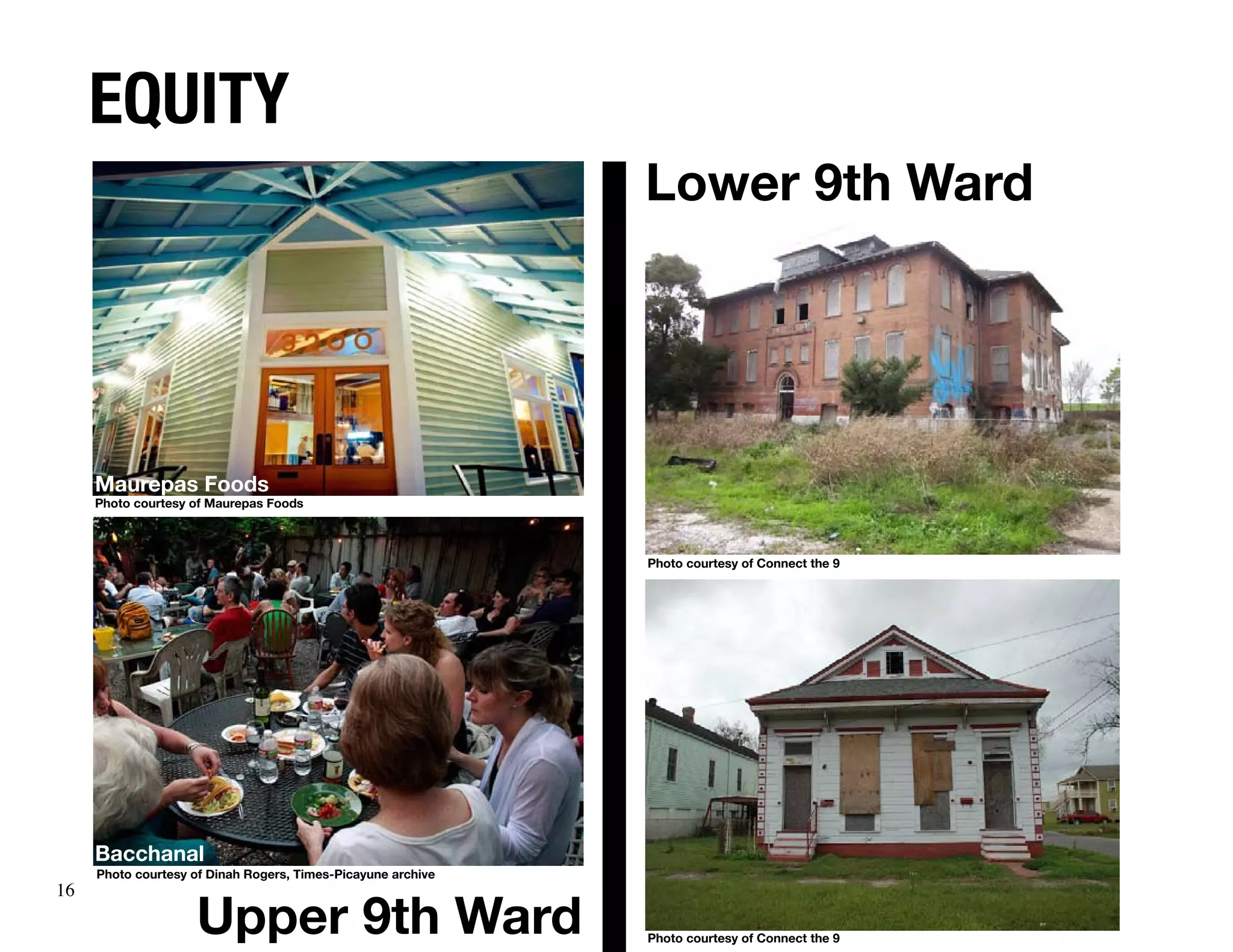 equity
                                                              Lower 9th Ward




     Maurepas Foods
     Photo courtesy of Maurepas Foods



                                                              Photo courtesy of Connect the 9




     Bacchanal
     Photo courtesy of Dinah Rogers, Times-Picayune archive
16

                    Upper 9th Ward                            Photo courtesy of Connect the 9
 
