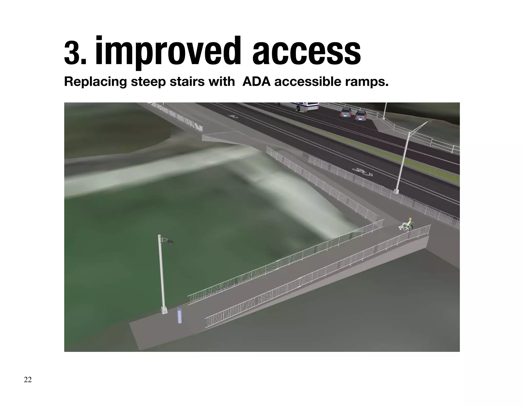 3. improved access
     Replacing steep stairs with ADA accessible ramps.




22
 