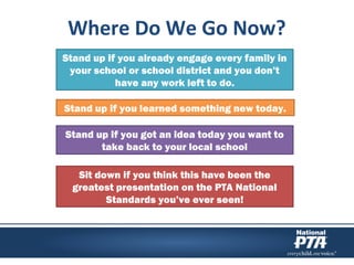Where Do We Go Now?
Stand up if you already engage every family in
your school or school district and you don’t
have any work left to do.
Sit down if you think this have been the
greatest presentation on the PTA National
Standards you’ve ever seen!
Stand up if you got an idea today you want to
take back to your local school
Stand up if you learned something new today.
 