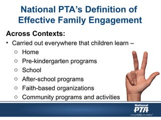 National PTA’s Definition of
Effective Family Engagement
Across Contexts:
• Carried out everywhere that children learn –
o Home
o Pre-kindergarten programs
o School
o After-school programs
o Faith-based organizations
o Community programs and activities
 
