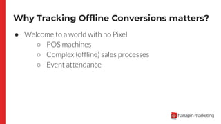 Why Tracking Ofﬂine Conversions matters?
● Welcome to a world with no Pixel
○ POS machines
○ Complex (ofﬂine) sales proces...
