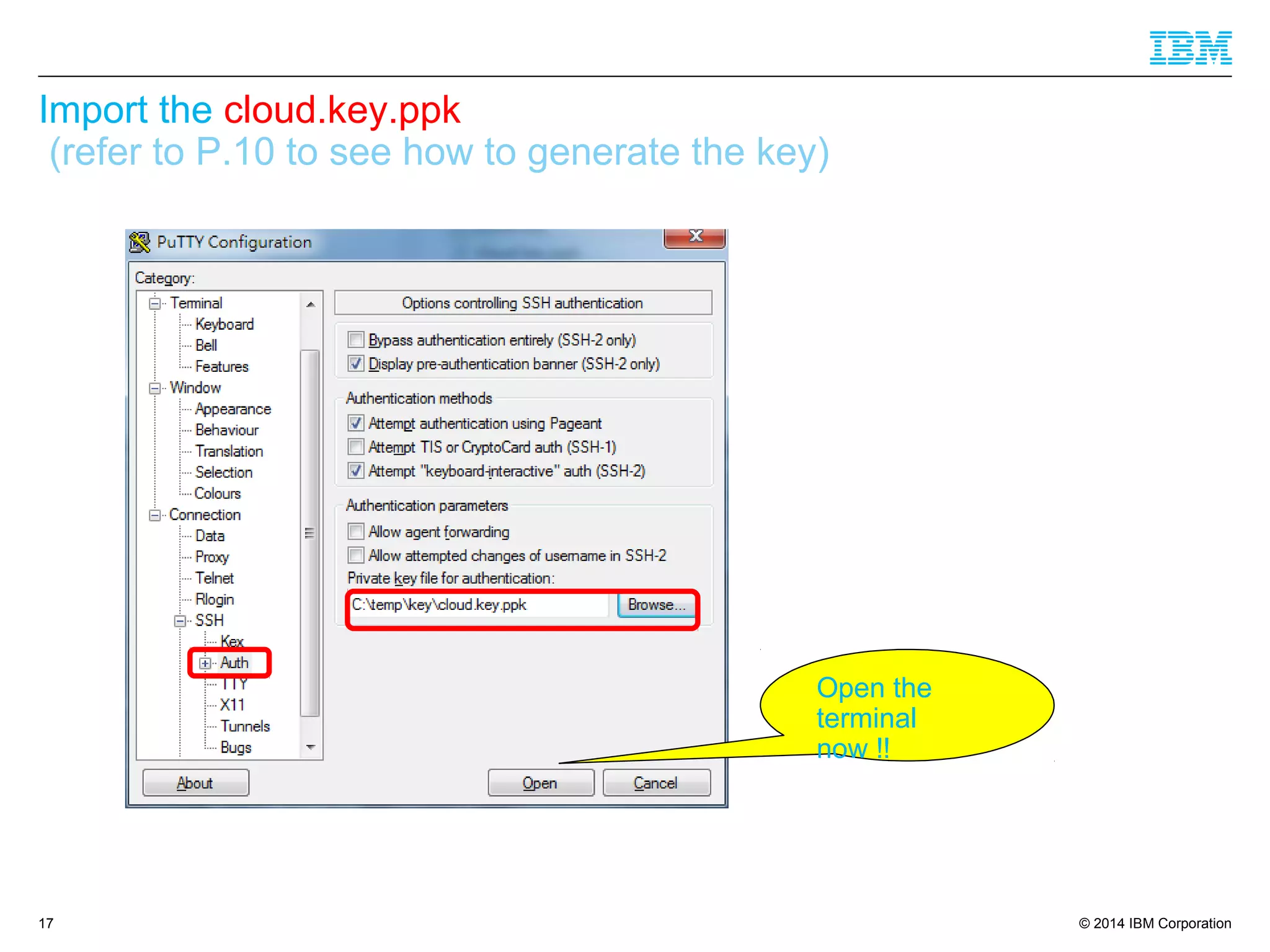 © 2014 IBM Corporation
Import the cloud.key.ppk
(refer to P.10 to see how to generate the key)
17
Open the
terminal
now !!
 
