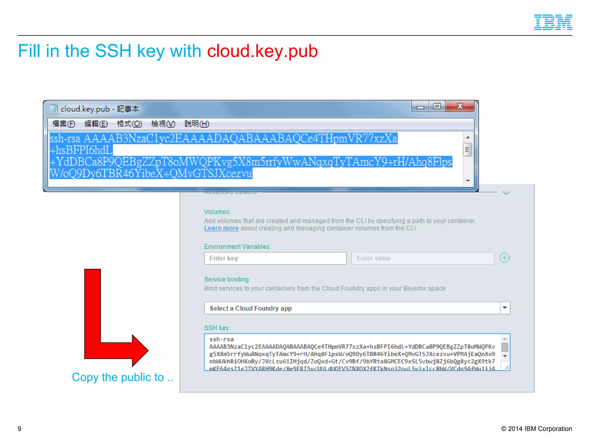 © 2014 IBM Corporation
Fill in the SSH key with cloud.key.pub
9
Copy the public to ..
 