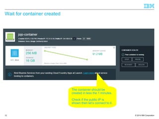 © 2014 IBM Corporation
Wait for container created
12
The container should be
created in less the 1 minutes.
Check if the public IP is
shown then let’s connect to it.
 