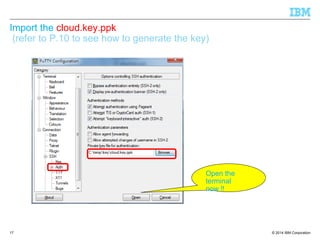 © 2014 IBM Corporation
Import the cloud.key.ppk
(refer to P.10 to see how to generate the key)
17
Open the
terminal
now !!
 