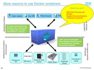 © 2014 IBM Corporation26
More reasons to use Docker containersMultiplicityofStacksMultiplicityofhardware
environments
QA server
Development
VM
Contributor’s
laptop
Customer Data
Center Production
Cluster
Public Cloud
Static website User DB Analytics DBQueueWeb frontend
CanImigratesmoothly
andquickly
…that can be manipulated
using standard operations and
run consistently on virtually
any hardware platform
An engine that enables any
payload to be encapsulated
as a lightweight, portable,
self-sufficient container…
Doservicesandapps
interactappropriately?
What’s the next?
Start from the way you
familiar.
Explore the nice features
of Docker Container.
 