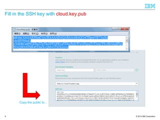 © 2014 IBM Corporation
Fill in the SSH key with cloud.key.pub
9
Copy the public to ..
 