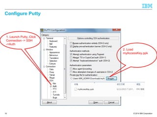 © 2014 IBM Corporation
Configure Putty
19
1. Launch Putty, Click
Connection -> SSH
->Auth
2. Load
myAccessKey.ppk
 