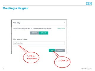 © 2014 IBM Corporation
Creating a Keypair
8
1. Fill in
Key name
2. Click OK
 