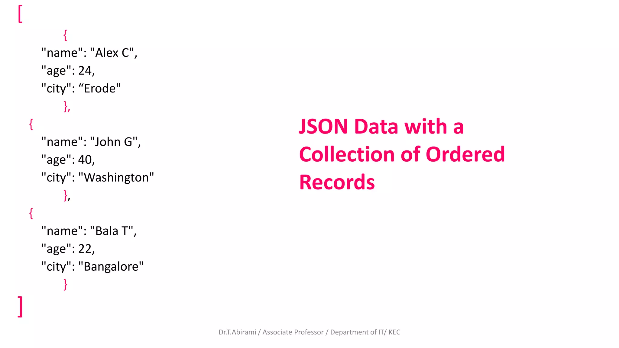 [
{
"name": "Alex C",
"age": 24,
"city": “Erode"
},
{
"name": "John G",
"age": 40,
"city": "Washington"
},
{
"name": "Bala T",
"age": 22,
"city": "Bangalore"
}
]
JSON Data with a
Collection of Ordered
Records
Dr.T.Abirami / Associate Professor / Department of IT/ KEC
 