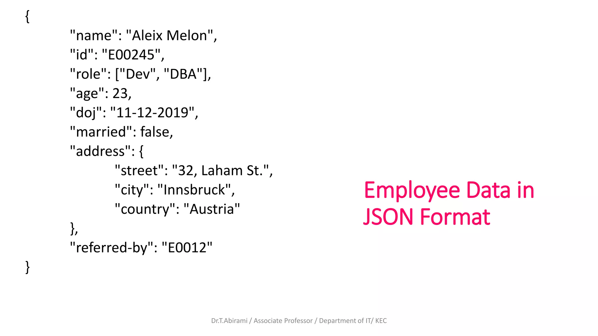 Employee Data in
JSON Format
{
"name": "Aleix Melon",
"id": "E00245",
"role": ["Dev", "DBA"],
"age": 23,
"doj": "11-12-2019",
"married": false,
"address": {
"street": "32, Laham St.",
"city": "Innsbruck",
"country": "Austria"
},
"referred-by": "E0012"
}
Dr.T.Abirami / Associate Professor / Department of IT/ KEC
 