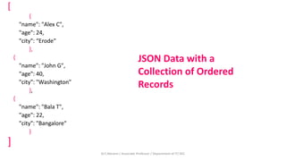 [
{
"name": "Alex C",
"age": 24,
"city": “Erode"
},
{
"name": "John G",
"age": 40,
"city": "Washington"
},
{
"name": "Bala T",
"age": 22,
"city": "Bangalore"
}
]
JSON Data with a
Collection of Ordered
Records
Dr.T.Abirami / Associate Professor / Department of IT/ KEC
 