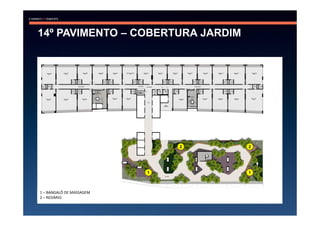 14º PAVIMENTO – COBERTURA JARDIM




                              2    2




                          1        1



1 – BANGALÔ DE MASSAGEM
2 – REDÁRIO
 