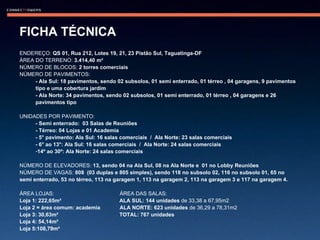 FICHA TÉCNICA ENDEREÇO:  QS 01, Rua 212, Lotes 19, 21, 23 Pistão Sul, Taguatinga-DF ÁREA DO TERRENO:  3.414,40   m² NÚMERO DE BLOCOS:  2 torres comerciais NÚMERO DE PAVIMENTOS:  - Ala Sul:   18 pavimentos, sendo 02 subsolos, 01 semi enterrado, 01 térreo , 04 garagens, 9 pavimentos tipo e uma cobertura jardim - Ala Norte: 34 pavimentos, sendo 02 subsolos, 01 semi enterrado, 01 térreo , 04 garagens e 26 pavimentos tipo UNIDADES POR PAVIMENTO:  - Semi enterrado:  03 Salas de Reuniões - Térreo: 04 Lojas e 01 Academia - 5° pavimento: Ala Sul: 16 salas comerciais  /  Ala Norte: 23 salas comerciais - 6° ao 13°: Ala Sul: 16 salas comerciais  /  Ala Norte: 24 salas comerciais 14º ao 30º: Ala Norte: 24 salas comerciais NÚMERO DE ELEVADORES:  13, sendo 04 na Ala Sul, 08 na Ala Norte e  01 no Lobby Reuniões NÚMERO DE VAGAS:  808  (03 duplas e 805 simples), sendo 118 no subsolo 02, 116 no subsolo 01, 65 no semi enterrado, 53 no térreo, 113 na garagem 1, 113 na garagem 2, 113 na garagem 3 e 117 na garagem 4. ÁREA LOJAS:  ÁREA DAS SALAS: Loja 1: 222,65m²  ALA SUL: 144 unidades  de 33,38 a 67,95m2 Loja 2 = área comum: academia  ALA NORTE: 623 unidades  de 36,29 a 78,31m2 Loja 3: 30,63m²  TOTAL: 767 unidades Loja 4: 54,14m²  Loja 5:108,79m²  