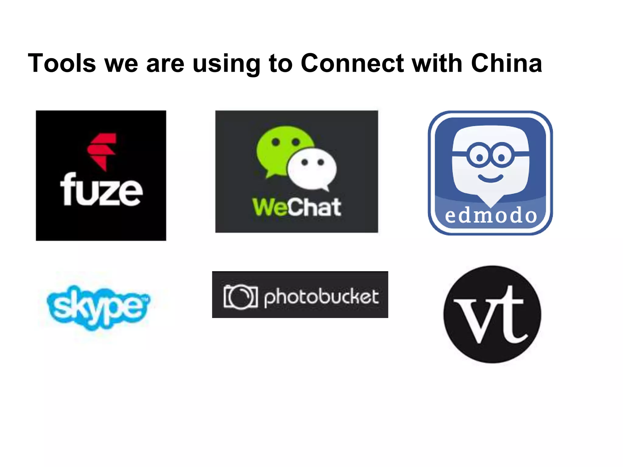 Tools we are using to Connect with China
 