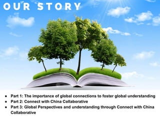 ● Part 1: The importance of global connections to foster global understanding
● Part 2: Connect with China Collaborative
● Part 3: Global Perspectives and understanding through Connect with China
Collaborative
 