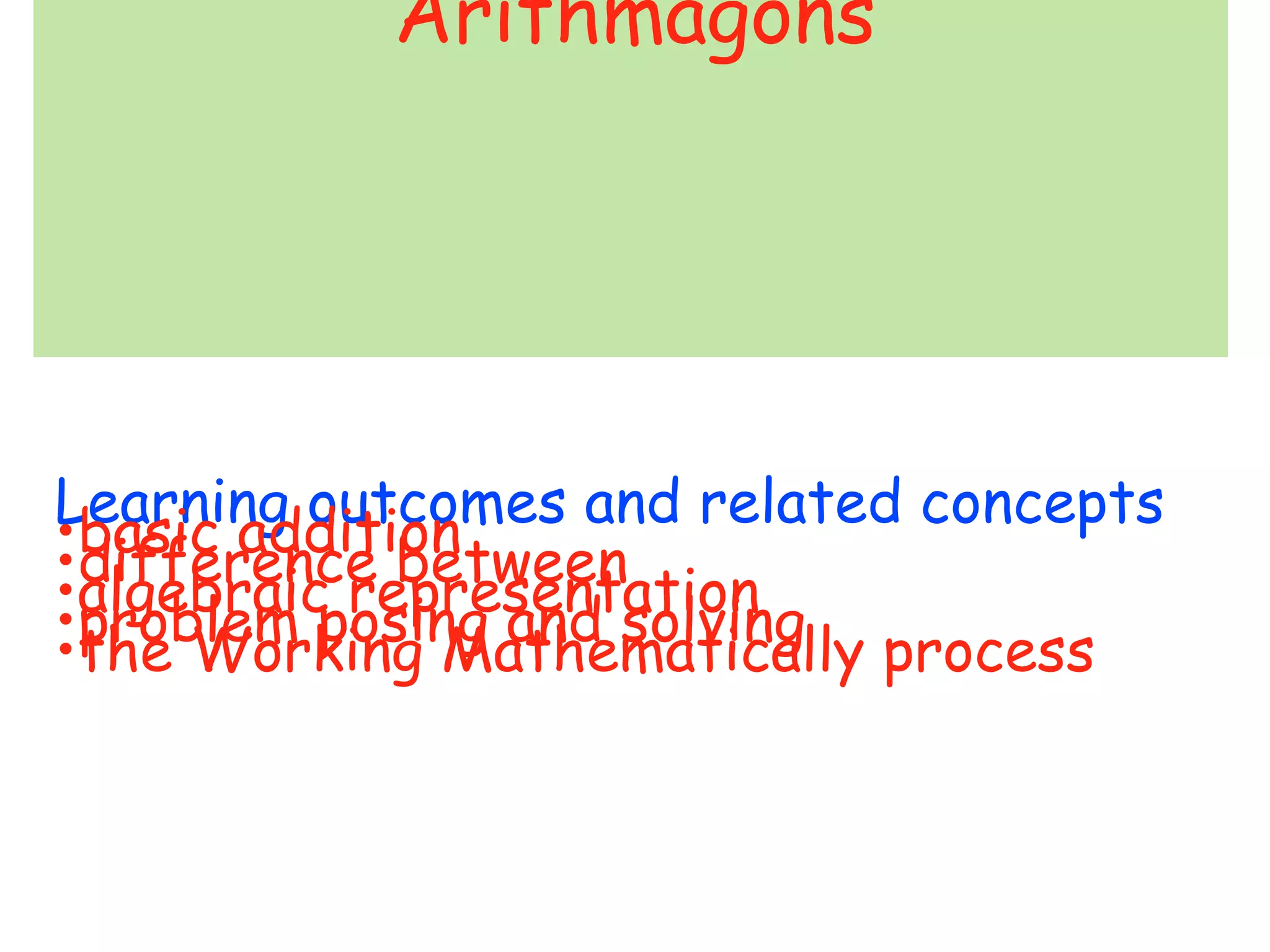 Arithmagons
Learning outcomes and related concepts
•basic addition
•difference between
•algebraic representation
•problem posing and solving
•

 