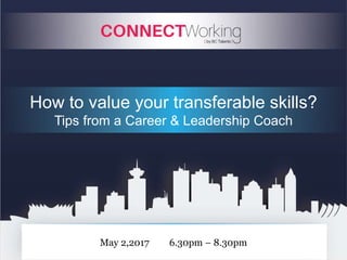 May 2,2017 6.30pm – 8.30pm
How to value your transferable skills?
Tips from a Career & Leadership Coach
 