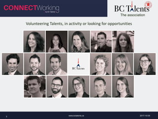 The association
2017-10-05www.bctalents.ca3
Volunteering Talents, in activity or looking for opportunities
 