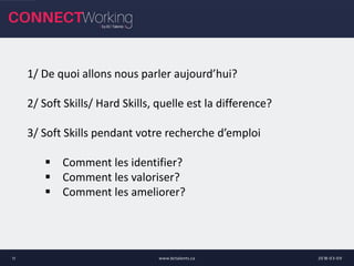 2018-03-09www.bctalents.ca11
1/ De quoi allons nous parler aujourd’hui?
2/ Soft Skills/ Hard Skills, quelle est la difference?
3/ Soft Skills pendant votre recherche d’emploi
 Comment les identifier?
 Comment les valoriser?
 Comment les ameliorer?
 