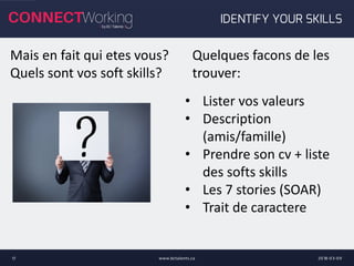 2018-03-09www.bctalents.ca17
Mais en fait qui etes vous?
Quels sont vos soft skills?
Quelques facons de les
trouver:
• Lister vos valeurs
• Description
(amis/famille)
• Prendre son cv + liste
des softs skills
• Les 7 stories (SOAR)
• Trait de caractere
IDENTIFY YOUR SKILLS
 