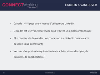 2018-04-03www.bctalents.ca14
LINKEDIN A VANCOUVER
• Canada : 4ème pays ayant le plus d’utilisateurs LinkedIn
• LinkedIn est le 2nd meilleur levier pour trouver un emploi à Vancouver
• Plus courant de demander une connexion sur LinkedIn qu’une carte
de visite (plus intéressant)
• Vecteur d’opportunités qui resteraient cachées sinon (d’emploi, de
business, de collaboration…).
 