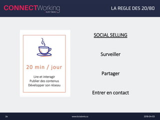 2018-04-03www.bctalents.ca34
LA REGLE DES 20/80
SOCIAL SELLING
Surveiller
Partager
Entrer en contact
 
