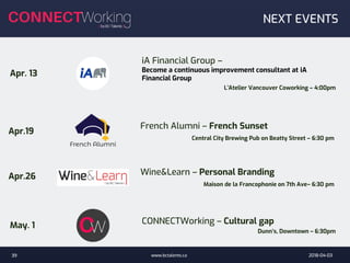 2018-04-03www.bctalents.ca39
NEXT EVENTS
May. 1
Apr.19
French Alumni – French Sunset
Central City Brewing Pub on Beatty Street – 6:30 pm
CONNECTWorking – Cultural gap
Dunn’s, Downtown – 6:30pm
Apr. 13
iA Financial Group –
Become a continuous improvement consultant at iA
Financial Group
L’Atelier Vancouver Coworking – 4:00pm
Apr.26 Wine&Learn – Personal Branding
Maison de la Francophonie on 7th Ave– 6:30 pm
 