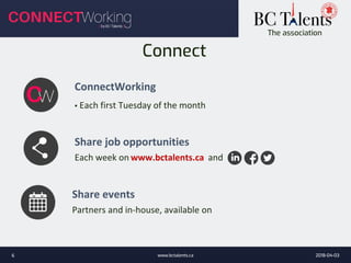The association
Connect
Share job opportunities
Each week on and
ConnectWorking
▪ Each first Tuesday of the month
2018-04-03www.bctalents.ca6
www.bctalents.ca
Share events
Partners and in-house, available on
 