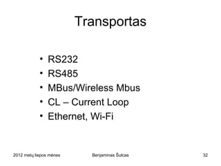 Transportas

            •   RS232
            •   RS485
            •   MBus/Wireless Mbus
            •   CL – Current Loop
            •   Ethernet, Wi-Fi


2012 metų liepos mėnesio 3 diena   Benjaminas Šulcas   32
 
