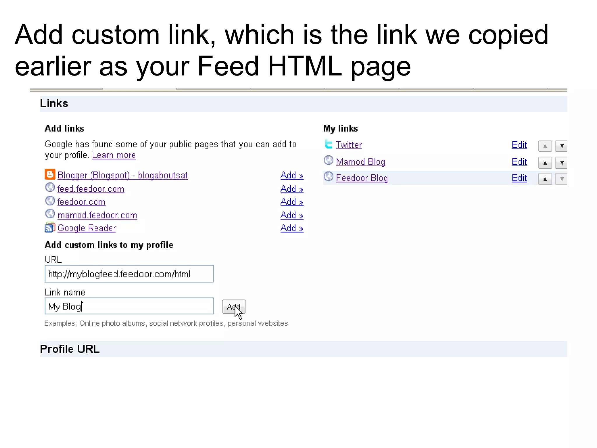 Add custom link, which is the link we copied earlier as your Feed HTML page   