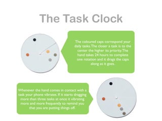 The Task Clock
                                      The coloured caps correspond your
                                      daily tasks. The closer a task is to the
                                        center the higher its priority. The
                                        hand takes 24 hours to complete
                                       one rotation and it drags the caps
                                                  along as it goes.




Whenever the hand comes in contact with a
task your phone vibrates. If it starts dragging
  more than three tasks at once it vibrating
  more and more frequently to remind you
       that you are putting things off.
 