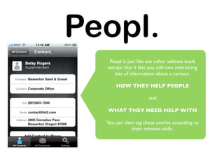 Peopl.
   Peopl is just like any other address book
  except that it lets you add two interesting
     bits of information about a contact.

      HOW THEY HELP PEOPLE

                     and

  WHAT THEY NEED HELP WITH

  You can then tag these entries according to
             their relevant skills.
 