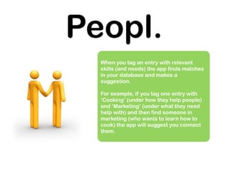 Peopl.
  When you tag an entry with relevant
  skills (and needs) the app finds matches
  in your database and makes a
  suggestion.

  For example, if you tag one entry with
  ‘Cooking’ (under how they help people)
  and ‘Marketing’ (under what they need
  help with) and then find someone in
  marketing (who wants to learn how to
  cook) the app will suggest you connect
  them.
 