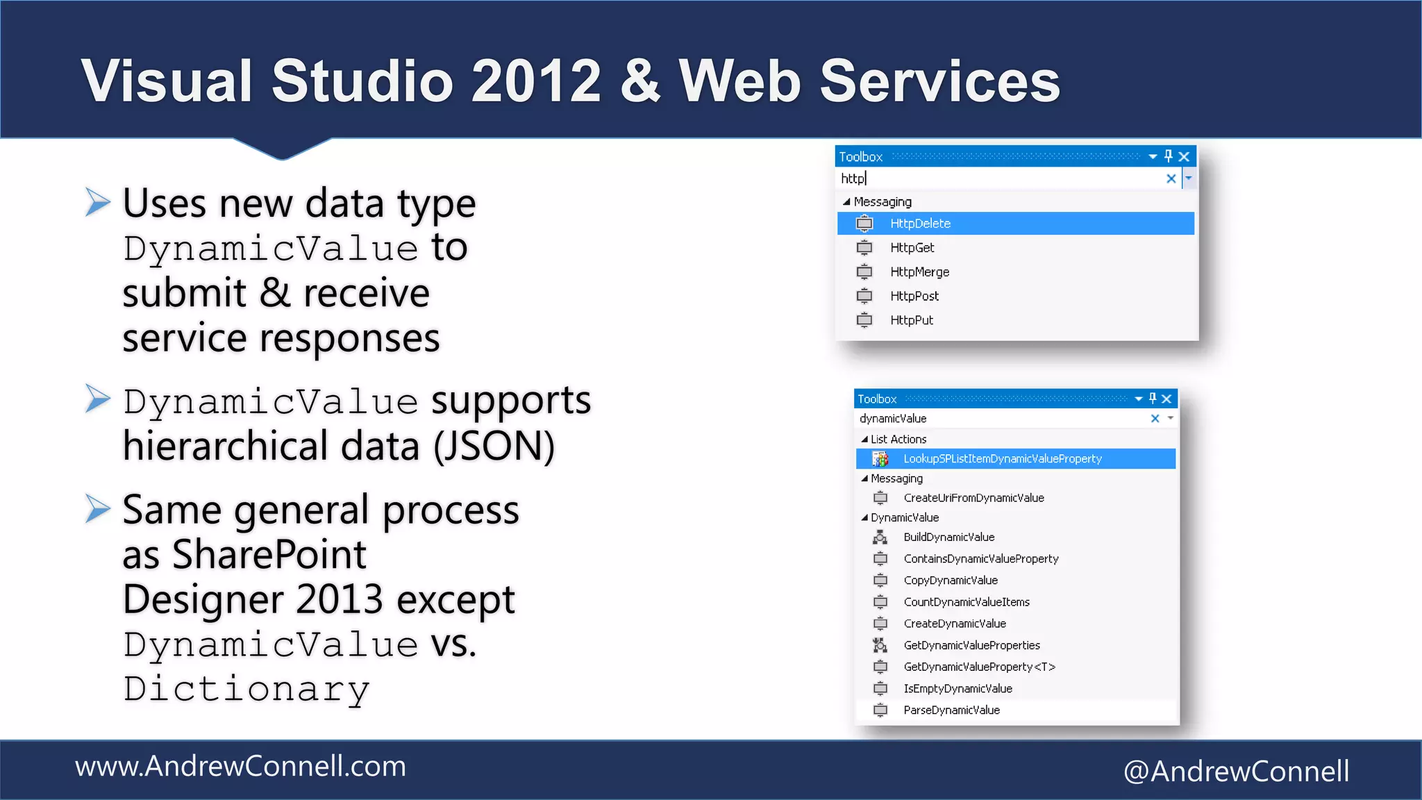 Visual Studio 2012 & Web Services
 Uses new data type
  DynamicValue to
  submit & receive
  service responses
 DynamicValue supports
  hierarchical data (JSON)
 Same general process
  as SharePoint
  Designer 2013 except
  DynamicValue vs.
  Dictionary
www.AndrewConnell.com               @AndrewConnell
 