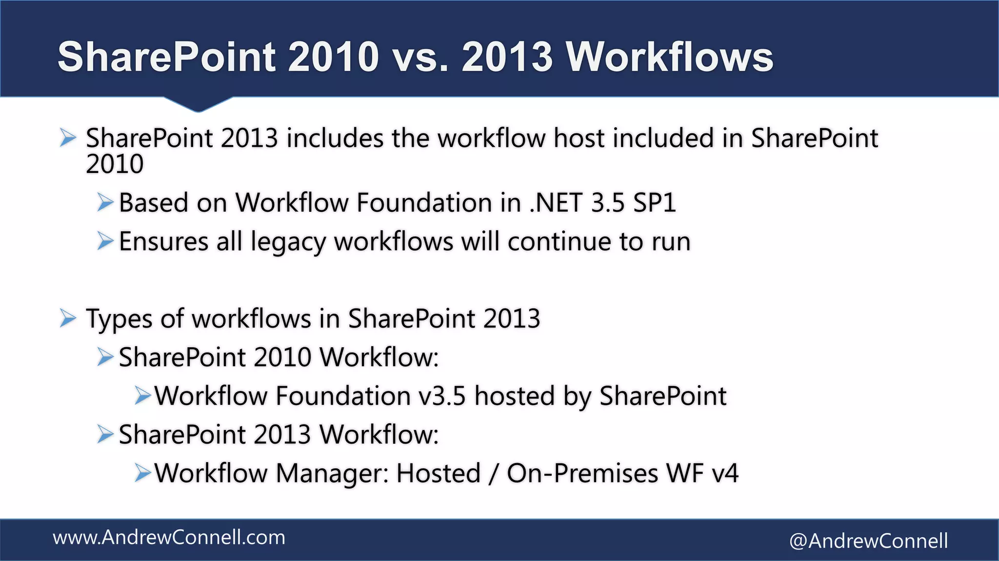SharePoint 2010 vs. 2013 Workflows
 SharePoint 2013 includes the workflow host included in SharePoint
  2010
   Based on Workflow Foundation in .NET 3.5 SP1
   Ensures all legacy workflows will continue to run

 Types of workflows in SharePoint 2013
   SharePoint 2010 Workflow:
     Workflow Foundation v3.5 hosted by SharePoint
   SharePoint 2013 Workflow:
     Workflow Manager: Hosted / On-Premises WF v4

www.AndrewConnell.com                                      @AndrewConnell
 
