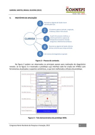 GARDINI, SANTOS, BRAGA, OLIVEIRA (2013)

V.

PROTÓTIPO DE APLICAÇÃO

Figura 2 – Passos do contexto.
Na figura 2 podem ser observados os principais passos para realização do diagnóstico
remoto. Já na figura 3 é mostrado o protótipo cuja interface web foi criada em HTML5 com
ferramentas atualizadas e aspectos semânticos, o que tem melhorado a eficácia do protótipo.

Figura 3 – Tela demonstrativa do protótipo WEB.

Congresso Norte Nordeste de Pesquisa e Inovação, 2013

5

 