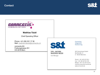 Contact




                    Matthias Täubl
                  Chief Operating Officer


          Phone: +41 (58) 301 17 36
          Mail: matthias.taeubl@connectis.ch
          connectis AG
          Freiburgstrasse 251
          CH-3018 Bern




                                               21
 