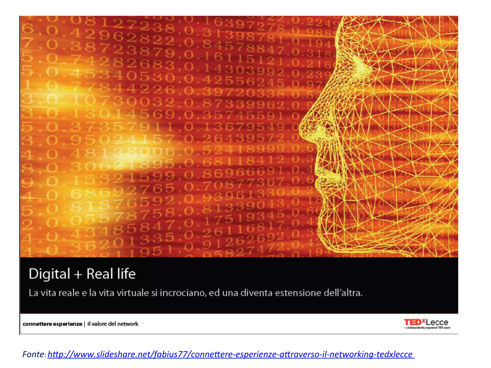 Fonte:	
  h'p://www.slideshare.net/fabius77/conne'ere-­‐esperienze-­‐a'raverso-­‐il-­‐networking-­‐tedxlecce	
  
 