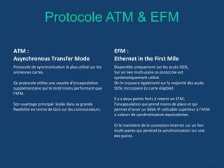 Protocole ATM & EFM
ATM :
Asynchronous Transfer Mode
EFM :
Ethernet in the First Mile
Protocole de synchronisation le plus utilisé sur les
anciennes cartes.
Ce protocole utilise une couche d’encapsulation
supplémentaire qui le rend moins performant que
l’EFM.
Son avantage principal réside dans sa grande
flexibilité en terme de QoS sur les commutateurs.
Disponible uniquement sur les accès SDSL.
Sur un lien multi-paire ce protocole est
systématiquement utilisé.
On le trouvera également sur la majorité des accès
SDSL monopaire (si carte éligible).
Il y a deux points forts à retenir en EFM,
l’encapsulation qui prend moins de place et qui
permet d’avoir un débit IP utilisable supérieur à l’ATM
à valeurs de synchronisation équivalentes.
Et le maintient de la connexion internet sur un lien
multi-paires qui perdrait la synchronisation sur une
des paires.
 