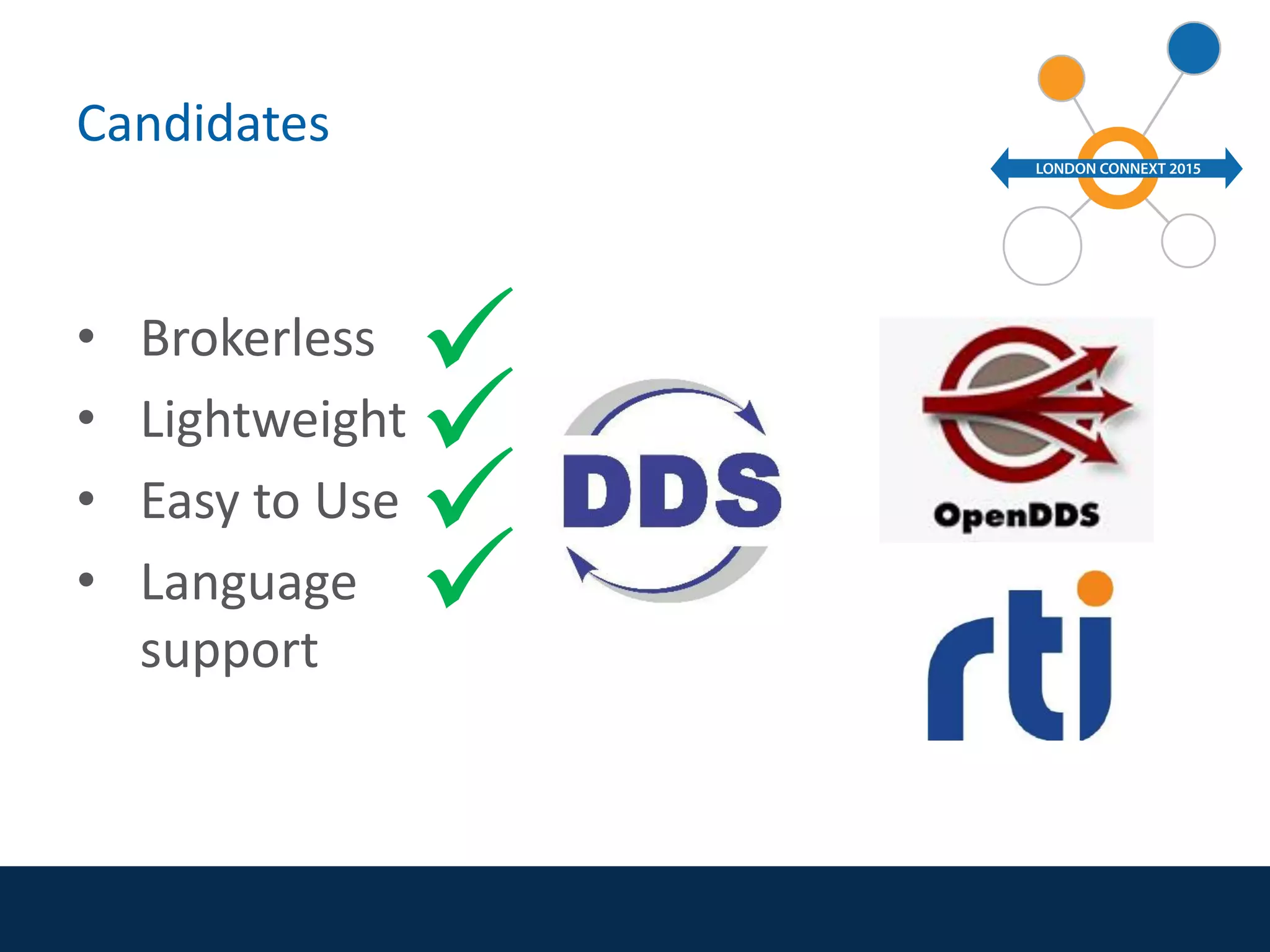 Candidates
• Brokerless
• Lightweight
• Easy to Use
• Language
support




 