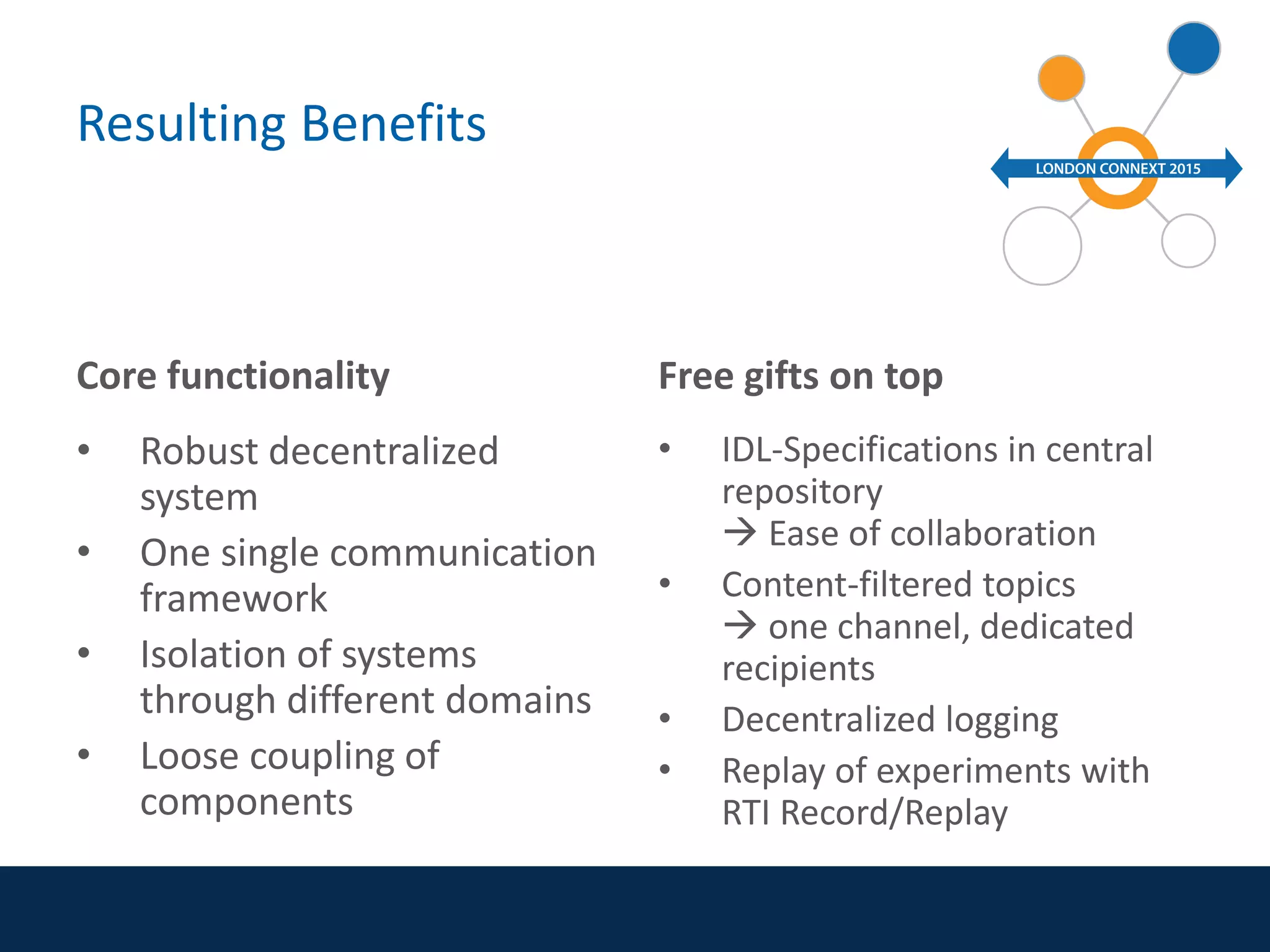 Resulting Benefits
Core functionality
• Robust decentralized
system
• One single communication
framework
• Isolation of systems
through different domains
• Loose coupling of
components
Free gifts on top
• IDL-Specifications in central
repository
 Ease of collaboration
• Content-filtered topics
 one channel, dedicated
recipients
• Decentralized logging
• Replay of experiments with
RTI Record/Replay
 