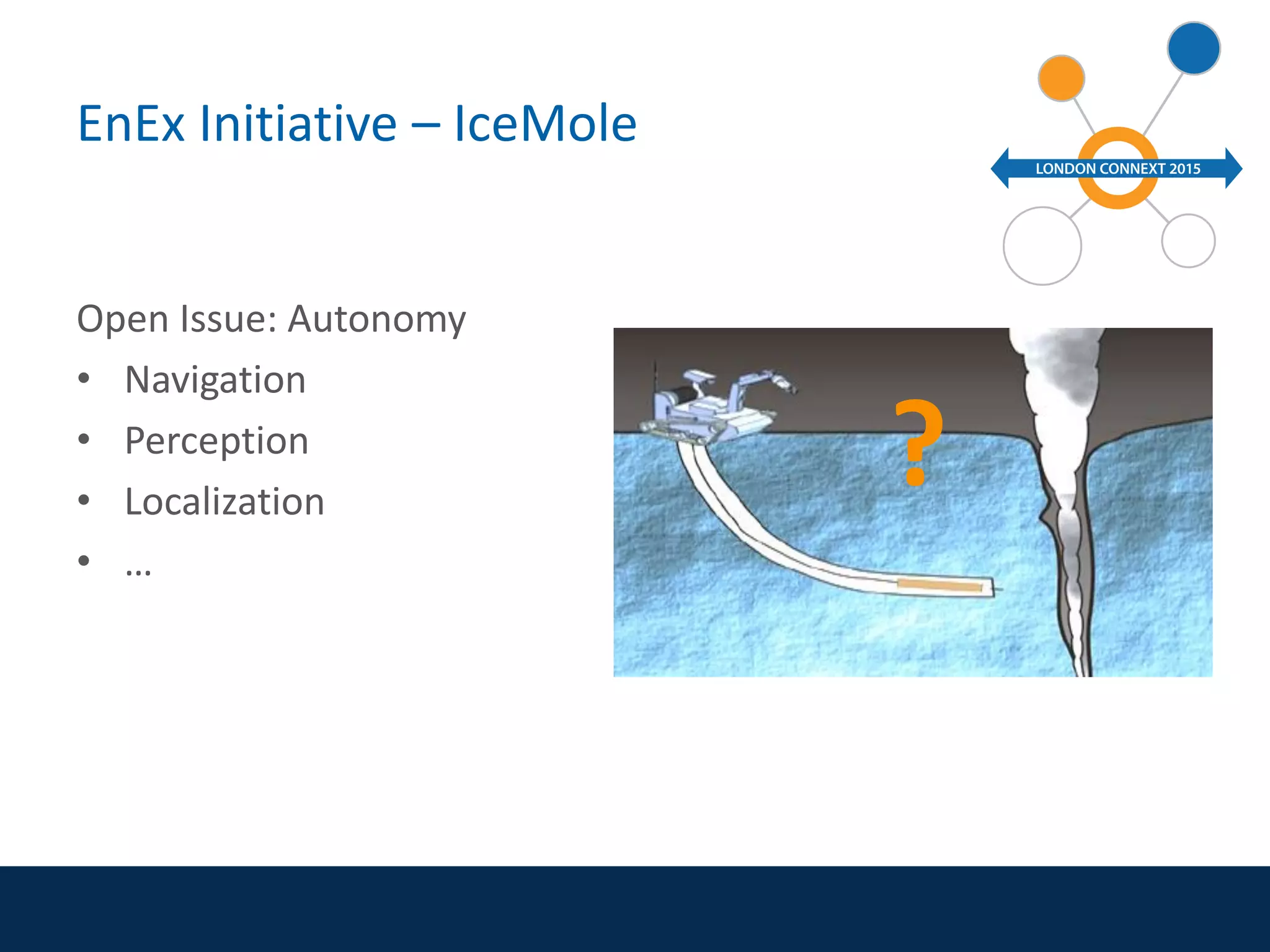 EnEx Initiative – IceMole
Open Issue: Autonomy
• Navigation
• Perception
• Localization
• …
?
 
