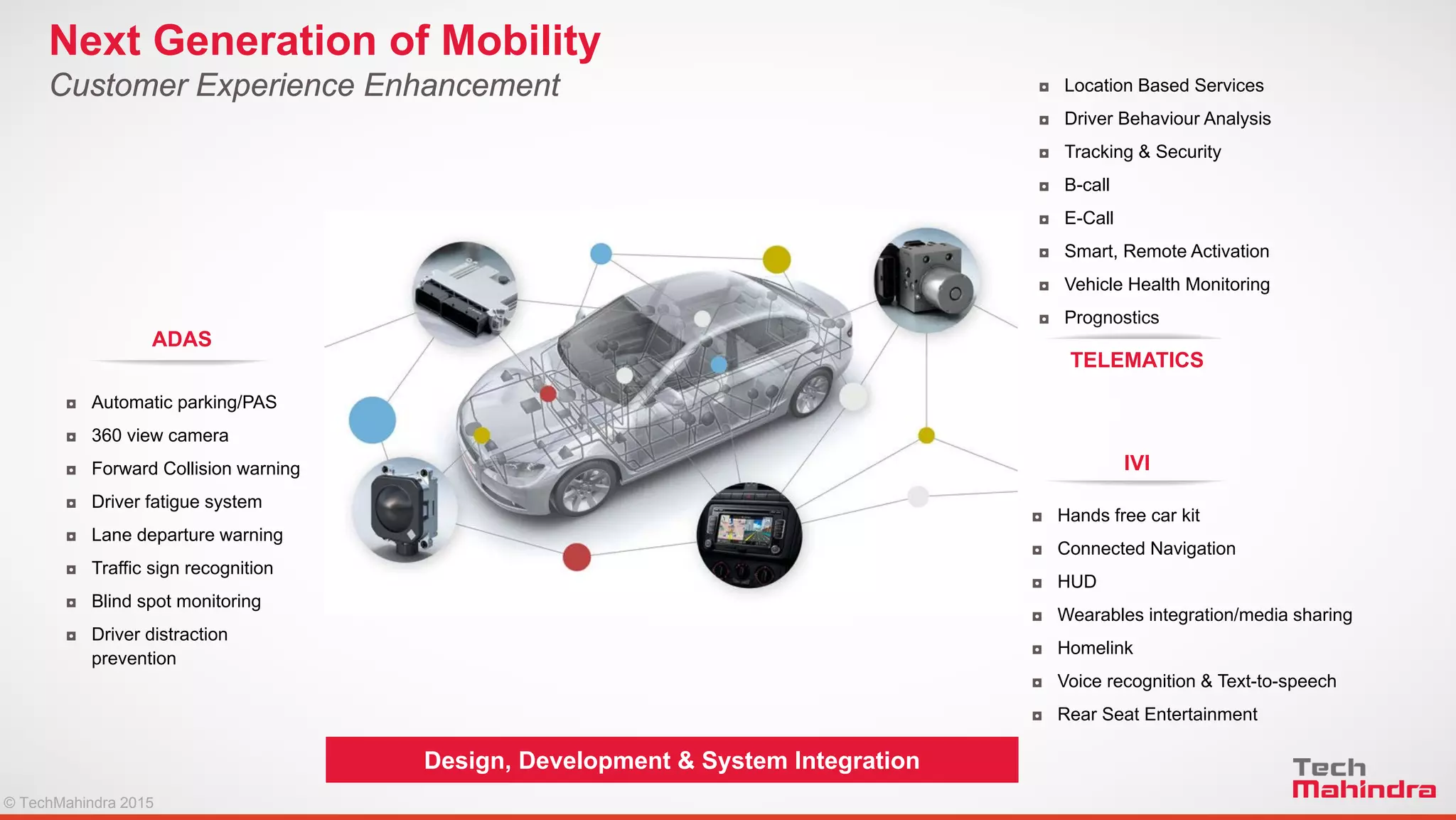 © TechMahindra 2015© TechMahindra 2015
Design, Development & System Integration
Next Generation of Mobility
Customer Experience Enhancement
◘ Automatic parking/PAS
◘ 360 view camera
◘ Forward Collision warning
◘ Driver fatigue system
◘ Lane departure warning
◘ Traffic sign recognition
◘ Blind spot monitoring
◘ Driver distraction
prevention
ADAS
◘ Location Based Services
◘ Driver Behaviour Analysis
◘ Tracking & Security
◘ B-call
◘ E-Call
◘ Smart, Remote Activation
◘ Vehicle Health Monitoring
◘ Prognostics
TELEMATICS
◘ Hands free car kit
◘ Connected Navigation
◘ HUD
◘ Wearables integration/media sharing
◘ Homelink
◘ Voice recognition & Text-to-speech
◘ Rear Seat Entertainment
IVI
 