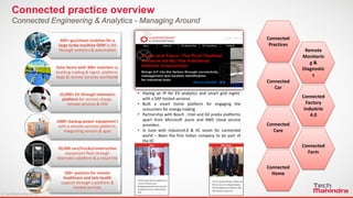 © TechMahindra 2015© TechMahindra 2015
Connected Engineering & Analytics - Managing Around
Connected practice overview
5
Connected
Practices
Connected
Car
Connected
Care
Remote
Monitorin
g &
Diagnostic
s
Connected
Factory
Industrie
4.0
Connected
Farm
Thought Leadership – Digital Cities
600+ gas/steam turbines for a
large turbo machine OEM in NA
through analytics & automation
Solar farms with 300+ inverters by
building trading & mgmt. platform,
Apps & remote services worldwide
10,000+ EV through telematics
platform for remote charge,
remote services & OTA
1000+ backup power equipment's
with a remote services platform,
integrating sensors & apps
20,000 cars/trucks/construction
equipment fleet through
telematics platform & a cloud link
200+ patients for remote
healthcare and tele health
support through a platform &
hosted services
Connected
Home
• Having an IP for EV analytics and smart grid mgmt.
with a SAP hosted services
• Built a smart home platform for engaging the
consumers for energy trading
• Partnership with Bosch , Intel and GE predix platforms
apart from Microsoft azure and AWS cloud service
providers
• In tune with Industry4.0 & IIC vision for connected
world – Been the first Indian company to be part of
the IIC
 