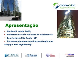 ApresentaçãoNo Brasil, desde 2006;Profissionais com +20 anos de experiência;Escritórioem São Paulo - SP;ReconhecidacomoconsultoriaemLogísticaeSupply Chain Engineering.