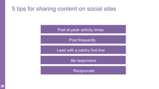 5 tips for sharing content on social sites
Post at peak activity times
Post frequently
Lead with a catchy first line
Be re...