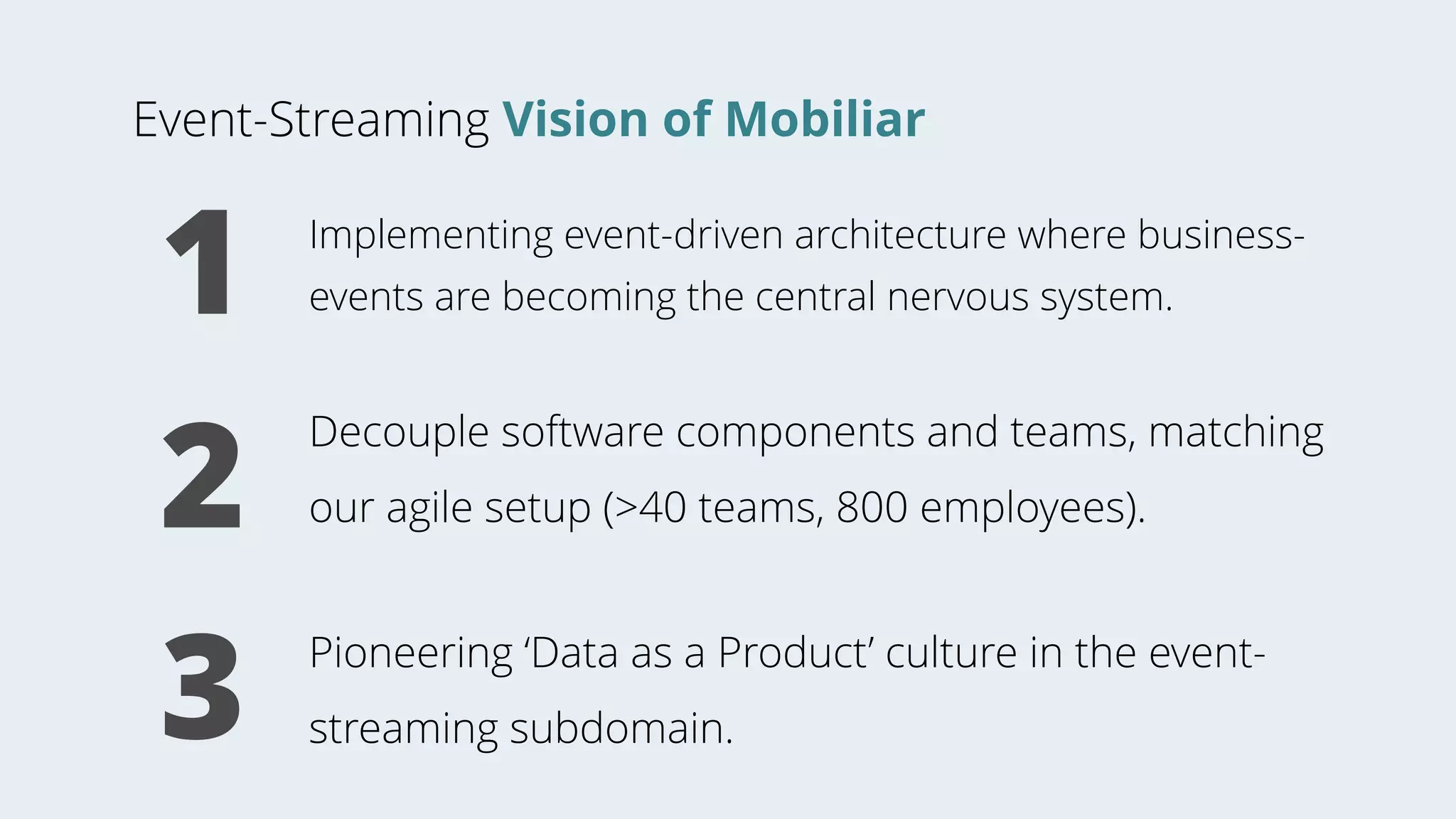 Event-Streaming Vision of Mobiliar
Implementing event-driven architecture where business-
events are becoming the central nervous system.1
Decouple software components and teams, matching
our agile setup (>40 teams, 800 employees).2
Pioneering ‘Data as a Product’ culture in the event-
streaming subdomain.3
 