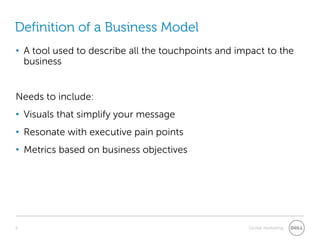Global Marketing
Definition of a Business Model
• A tool used to describe all the touchpoints and impact to the
business
N...
