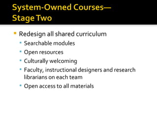 Redesign all shared curriculum Searchable modules Open resources Culturally welcoming Faculty, instructional designers and research librarians on each team Open access to all materials 